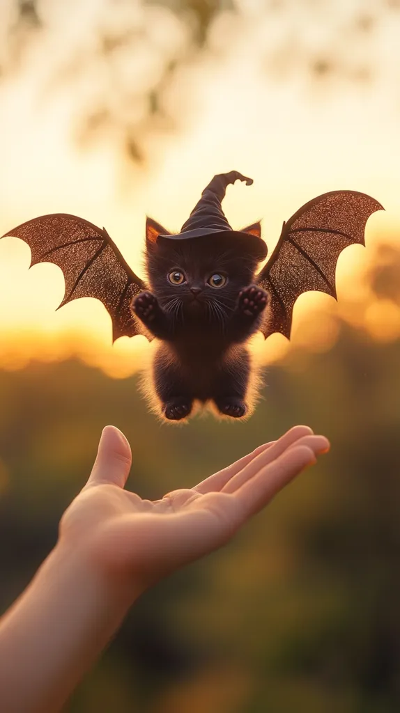 A small black kitten is flying in the air wearing a witch's hat and bat wings. It is flying towards an outstretched hand. The background is a golden sunset. The image is whimsical and playful, creating a sense of magic and wonder.  The kitten's wide eyes and the golden light create a magical and enchanting atmosphere.