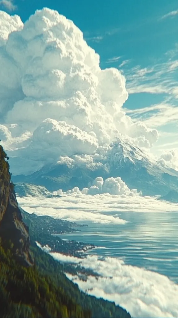 The image shows a breathtaking mountain landscape with a massive, fluffy cloud dominating the sky.  The mountain peaks are partially covered in snow, and the scene is dominated by a sense of vastness and serenity.  A body of water shimmers in the distance, suggesting a lake or ocean.  The image is filled with soft, muted tones and evokes a sense of peace and tranquility.