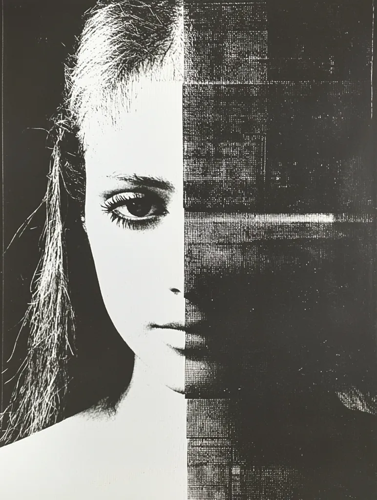 The image is a black and white portrait of a woman. Her face is split in half, with the left side showing her features clearly and the right side obscured by a dark, textured pattern. The woman's hair is long and flowing, and her eyes are large and expressive. The image has a mysterious and intriguing quality, as the viewer is left to wonder what lies hidden behind the textured pattern.  The use of black and white creates a sense of contrast and drama. The image is a study in contrasts, both in terms of light and dark, and in terms of the visible and the hidden.