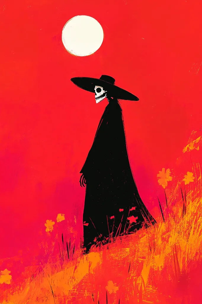 A skeletal figure in a wide-brimmed hat and black robe stands in a field of tall grass. The figure is silhouetted against a bright red sky and a large white moon. The grass is painted in shades of orange and red, adding a touch of warmth to the otherwise eerie scene. The overall tone of the image is dark and mysterious, suggesting a sense of foreboding.