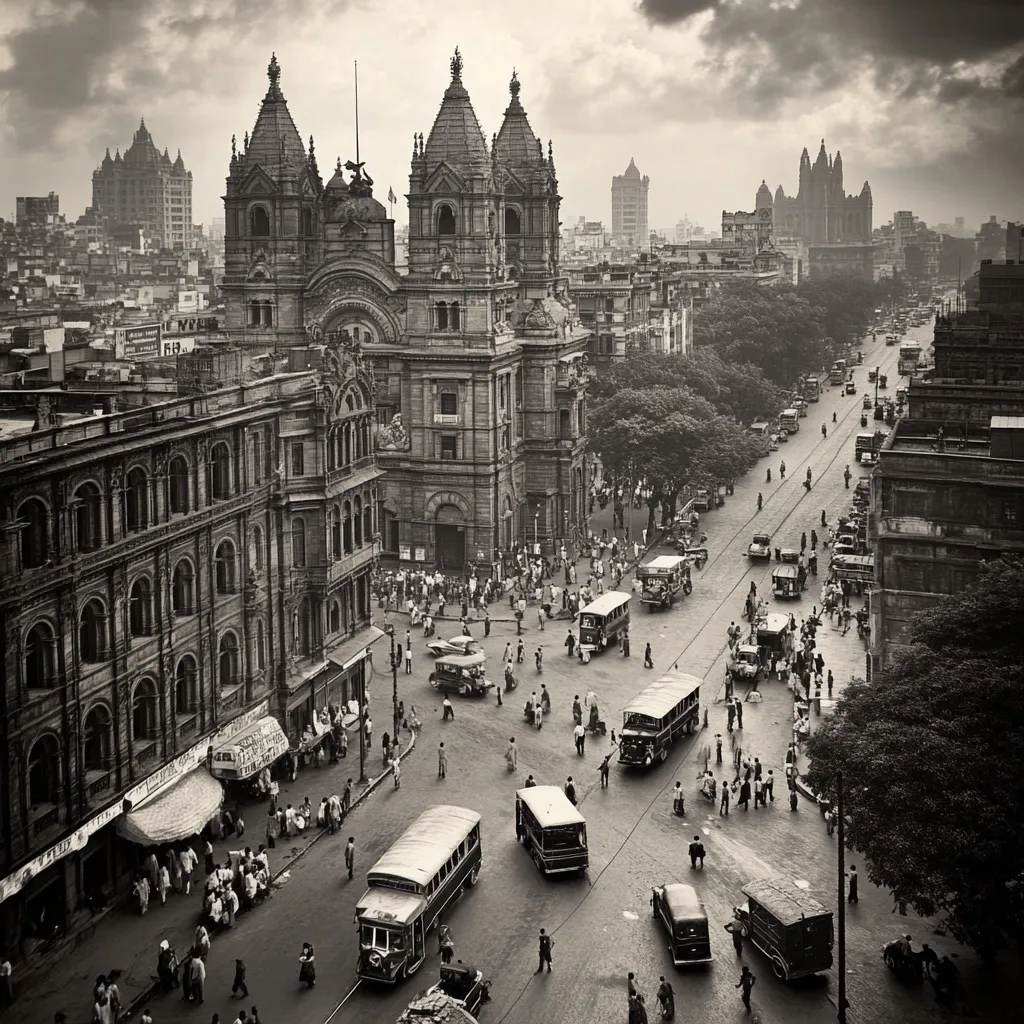 A black and white photograph captures a bustling street scene in a city. A large, ornate building with twin towers dominates the center of the image, surrounded by smaller buildings. The street is filled with pedestrians, cars, and buses, creating a sense of movement and activity. The cloudy sky adds a dramatic element to the scene. The image evokes a sense of history and urban life.