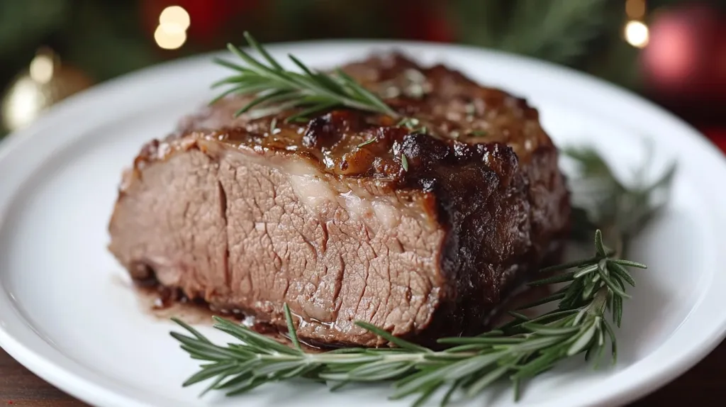 A close-up shot of a juicy, roasted meat with a crispy brown crust, resting on a white plate. The meat is garnished with fresh rosemary sprigs, adding a touch of elegance.  The plate is set against a blurred background of greenery and red decorations.  The overall image suggests a celebratory meal or a festive occasion.