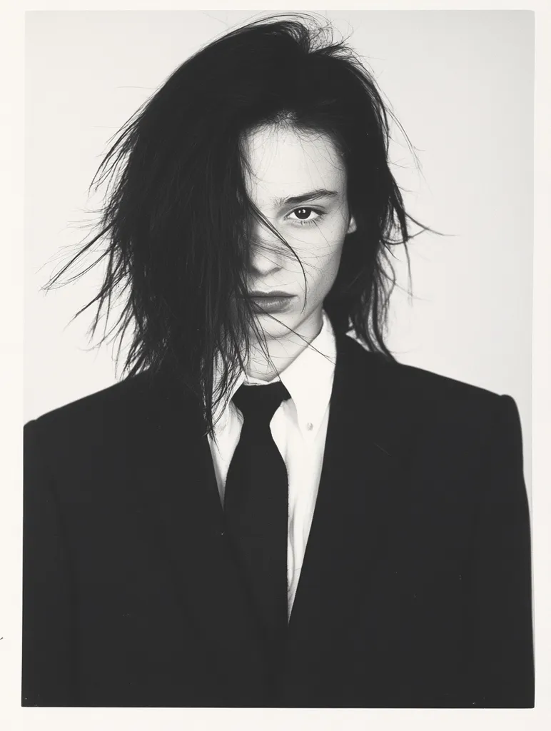 A black and white portrait of a woman with dark, messy hair, wearing a black suit and a black tie, looking directly at the camera with an intense expression. Her hair partially obscures her face, adding to the mysterious and edgy vibe of the image.  The stark contrast between her dark hair and the light background emphasizes the boldness of her look. The image captures a sense of power and confidence.