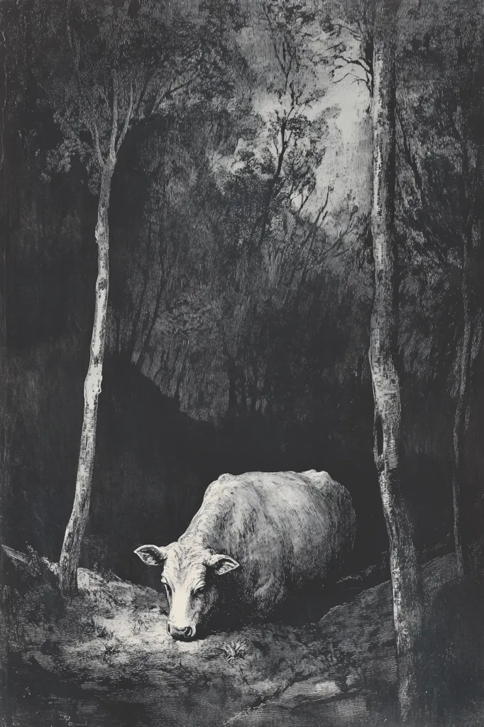 A black and white etching depicts a cow lying in a dark, shadowy forest. The cow's light form stands out against the dark background, with only a few trees visible in the foreground. The image creates a sense of solitude and mystery, emphasizing the cow's isolation and the forest's dense, enigmatic atmosphere.
