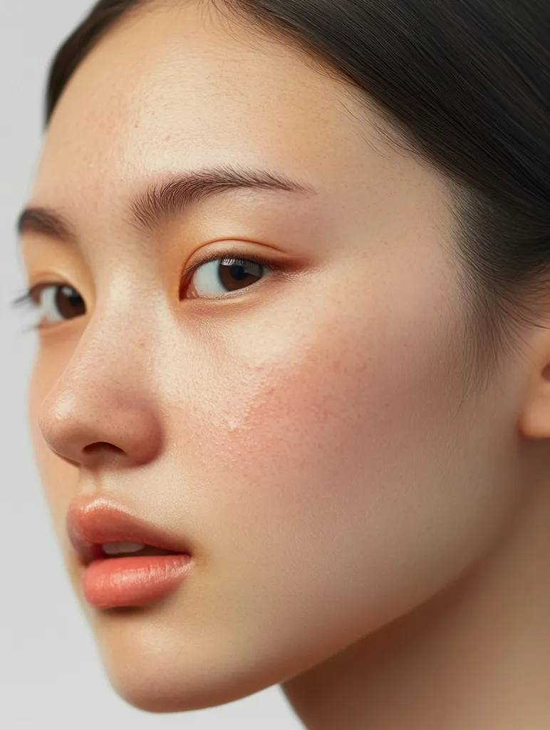 The image shows a close-up of a young woman's face. Her skin is pale and smooth, with a hint of blush on her cheeks. Her eyes are dark and almond-shaped, and her lips are slightly parted. The image is shot from a low angle, making her face appear more prominent. Her dark hair is swept back from her face, revealing a delicate ear. The overall effect is one of youthful beauty and innocence.