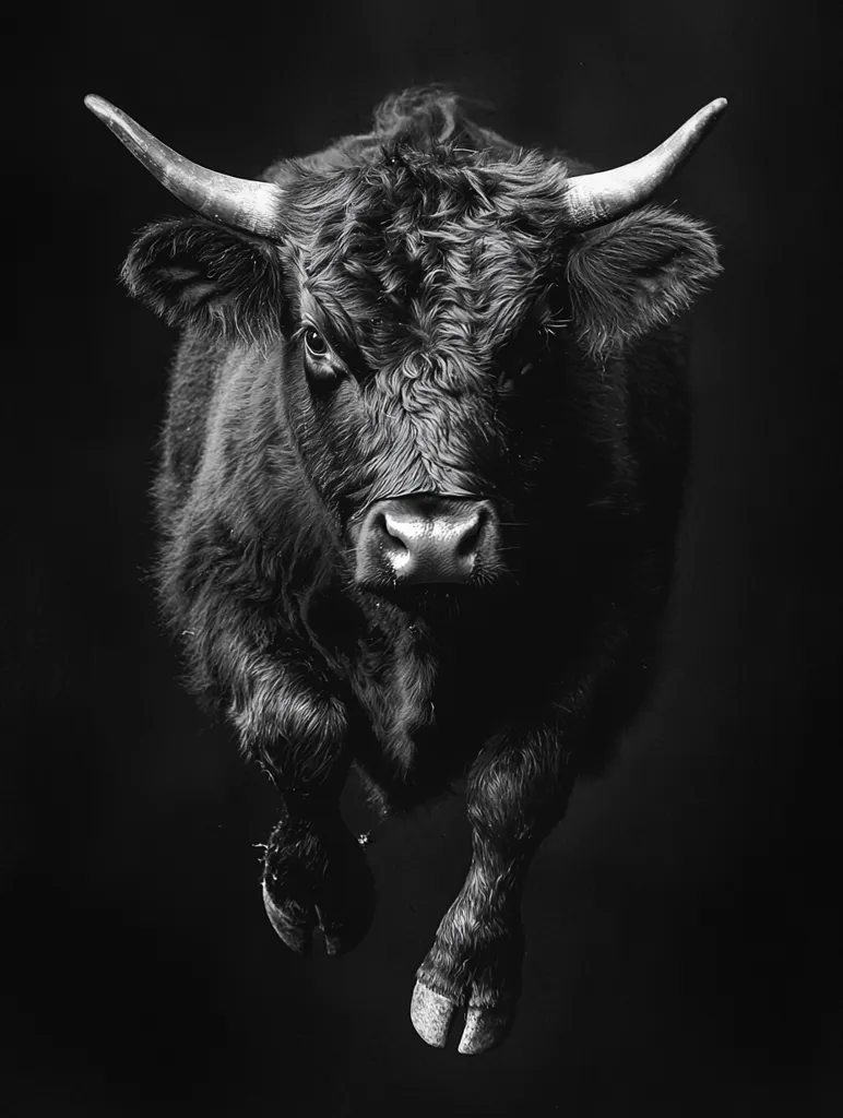 A black and white photograph of a bull with large horns. The bull is facing the camera, and its body is mostly obscured by the darkness of the background. The bull's horns are long and pointed, and its eyes are dark and intense. The bull's fur is shaggy and thick, and its hooves are large and powerful. The image is striking and powerful, and it captures the raw energy of a wild animal.