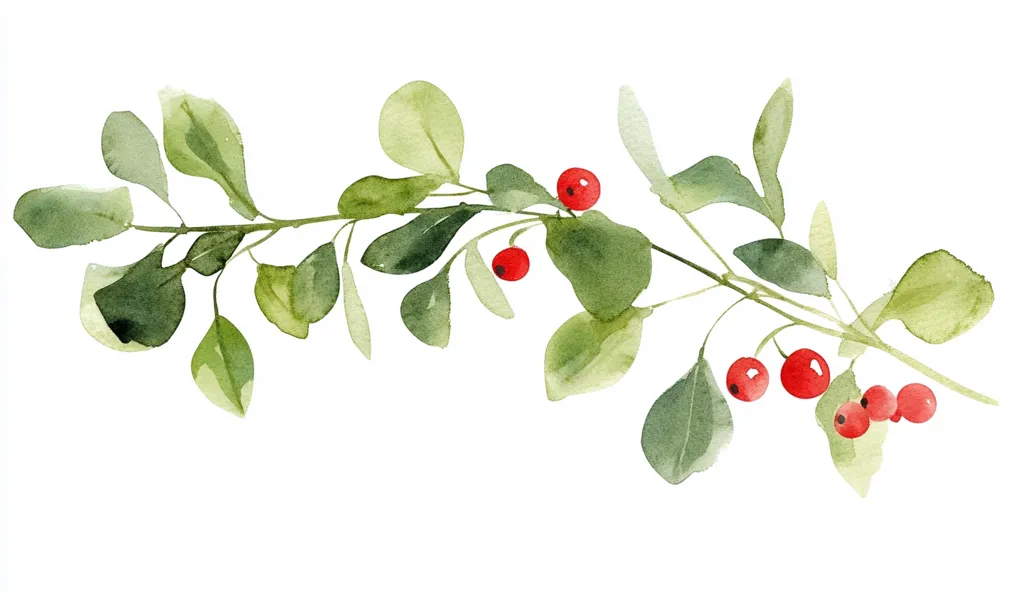The watercolor painting depicts a delicate branch of green leaves with small, vibrant red berries. The leaves are painted in a loose, airy style, capturing their natural movement and texture. The berries are clustered together, adding a touch of warmth and color to the composition. The overall effect is simple and elegant, suggesting a sense of peace and tranquility.