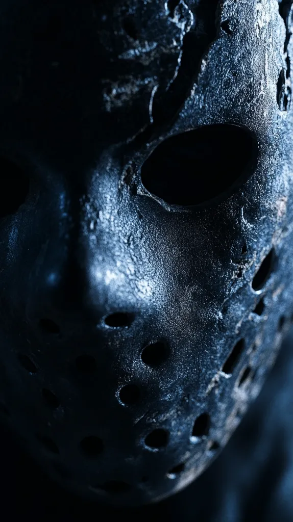 A close-up of a hockey mask with a textured, worn surface. The mask is dark blue and features a large eye hole and multiple smaller holes. The mask is slightly angled, creating a sense of depth. The background is blurred, providing a focus on the mask. The image evokes a sense of mystery and suspense, hinting at a sinister or dangerous presence.