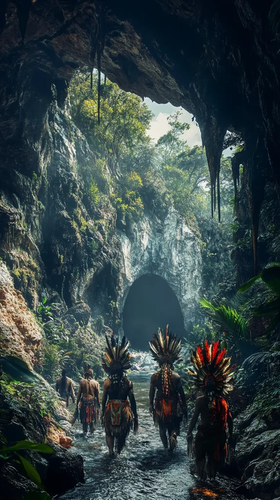 Four figures, dressed in tribal attire, walk through a lush, verdant jungle. They are exiting a large cave opening that is situated in the cliff face. The scene is bathed in a mystical, ethereal light, creating a sense of wonder and adventure. The figures are shrouded in mystery, their faces hidden from view. They are traveling on a narrow path along a shallow, clear water stream.  The image evokes a sense of mystery and exploration.