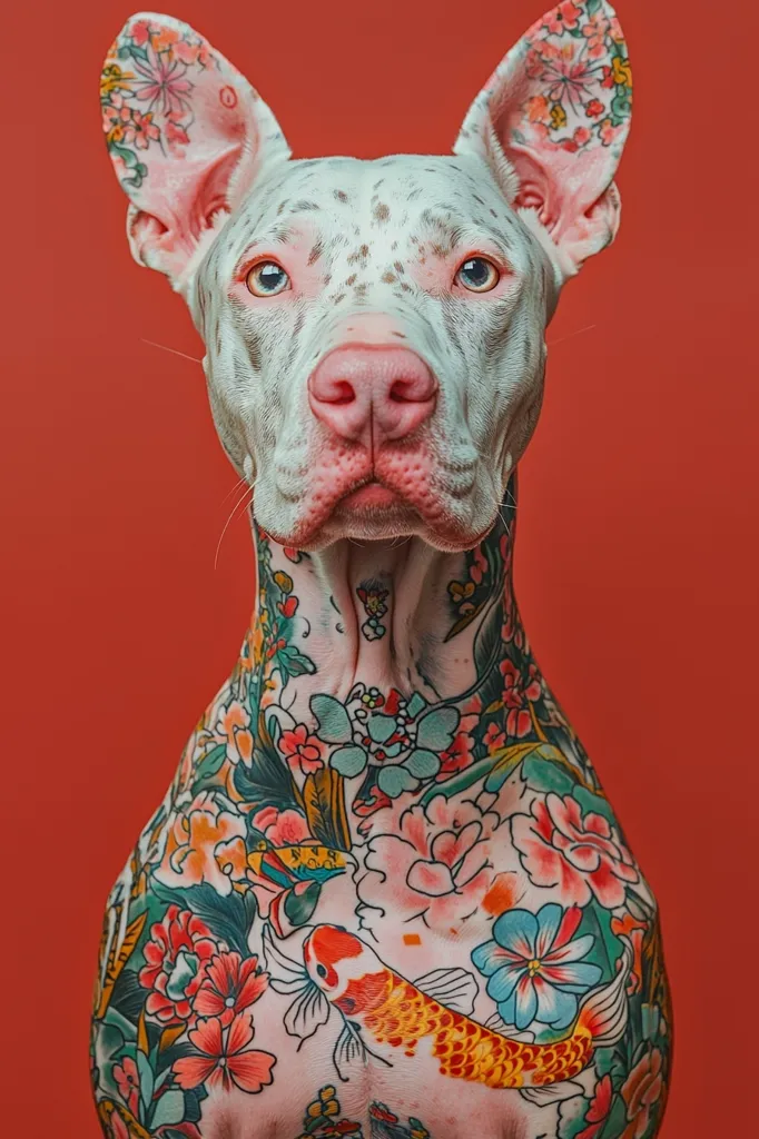 The image shows a white dog with black spots, looking directly at the camera. Its entire body is covered in tattoos of colorful flowers and a goldfish. The dog's ears are also tattooed with floral patterns. The background is a solid red color. The image is likely a close-up portrait, focusing on the dog's face and tattoos.  The tattoos give the dog a unique and artistic look.