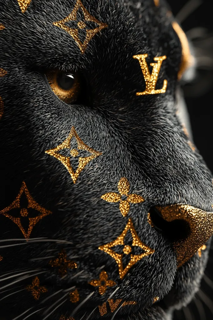 The image is a close-up of a black animal's face, possibly a cat or a panther.  The fur is black and the animal's eye is a piercing amber color. The face is covered in a pattern of glittering golden Louis Vuitton logos, creating a luxurious and stylish effect.  The image is stylized and surreal, combining the natural beauty of the animal with the iconic branding of a luxury fashion house.
