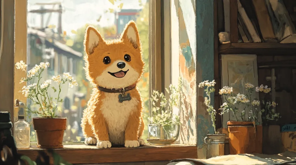 A cute, cartoon-style dog sits on a windowsill, looking towards the viewer. It has big brown eyes, a brown collar with a tag, and a happy expression. The dog is sitting in front of an open window, with a potted plant of white flowers to the left and another plant in a glass vase to the right. The background is a blurry view of a city street and a bookshelf with books.