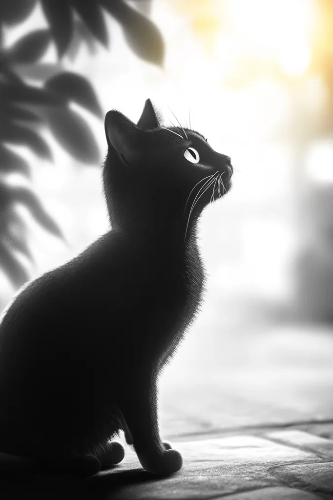 A black cat sits in the foreground, its body in silhouette against a bright, blurry background. It looks upwards, its white eyes reflecting the light. The cat's fur is soft and fluffy, and its tail is curled around its body. The image is in black and white, creating a dramatic contrast between the dark cat and the bright background. The shadows of leaves create a sense of mystery and intrigue.