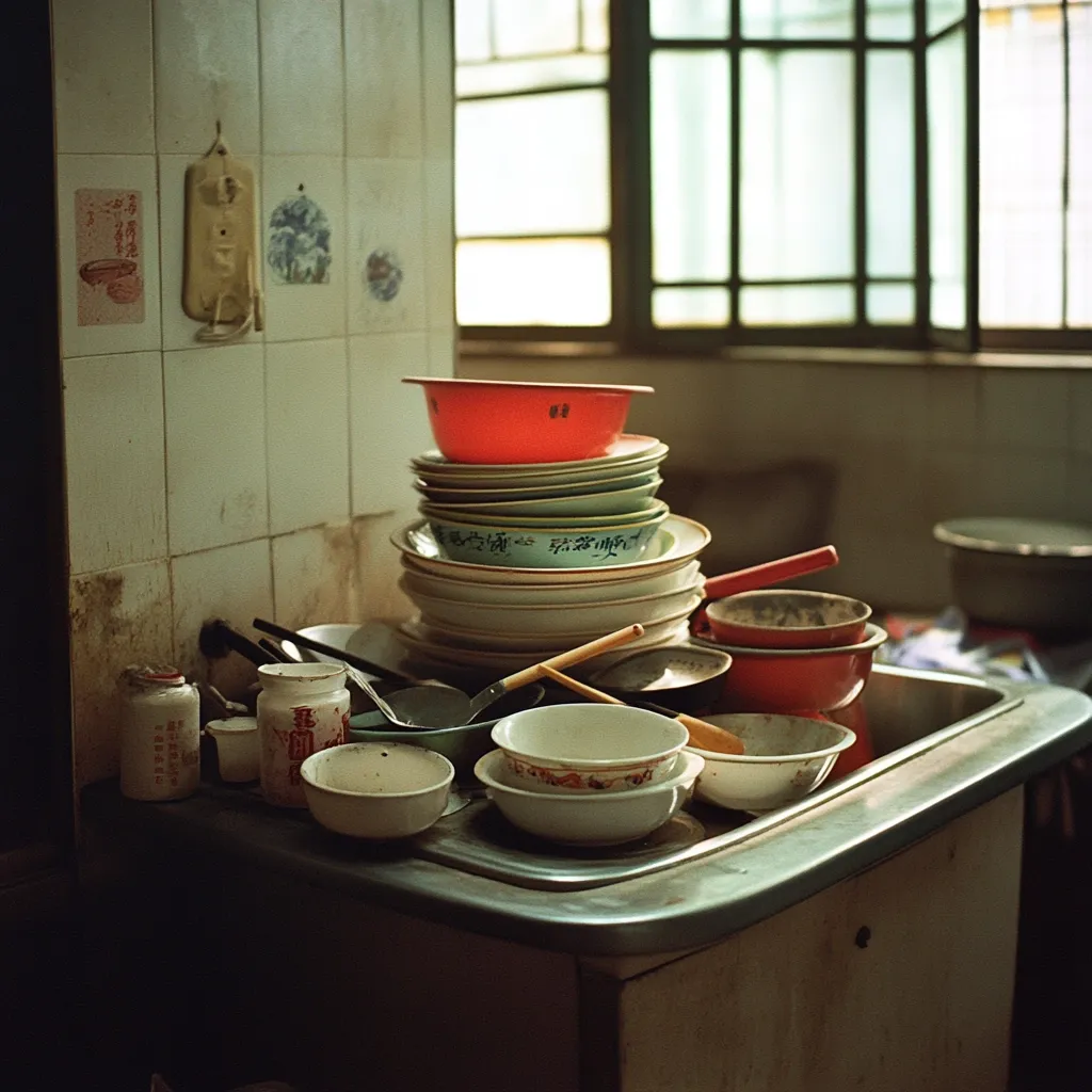 A messy kitchen sink with a pile of dishes, bowls and utensils.  The dishes are stacked precariously on top of each other, and there are several bowls and ladles scattered around the sink.  The sink itself is stainless steel and is partially covered by a dirty dishcloth. There is a window in the background with some dirty dishes in the background.  A stack of bowls sits in the foreground.
