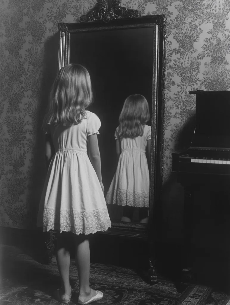 A young girl, in a white dress with lace trim, stands in front of a large, ornate mirror, looking at her reflection. The girl's reflection is a mirror image of her, with her long hair flowing down her back. The background is a patterned wallpaper, with a dark piano to the right of the mirror. The image is in black and white, creating a sense of mystery and intrigue. The girl's expression is unreadable, leaving the viewer to wonder what she is thinking.