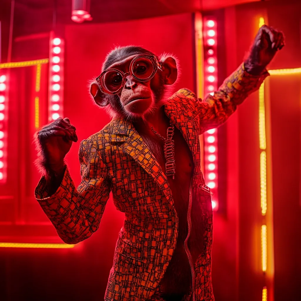A monkey, wearing a red and gold patterned jacket and large round sunglasses, dances in front of a red and orange light background. The monkey has one arm raised, and the other arm is bent at the elbow with a clenched fist. The monkey looks directly at the camera with a serious expression.  The lighting is dramatic, with deep shadows and bright highlights. The monkey's outfit and pose suggest a sense of confidence and coolness.