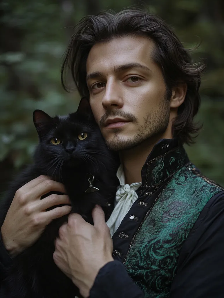 A young man with dark hair and a serious expression is holding a black cat close to his chest. He is wearing a dark shirt with an intricate green and black patterned design. The man and cat are set against a dark, blurred background, which suggests they are in a forest setting.  The image has a mysterious and slightly melancholic atmosphere.