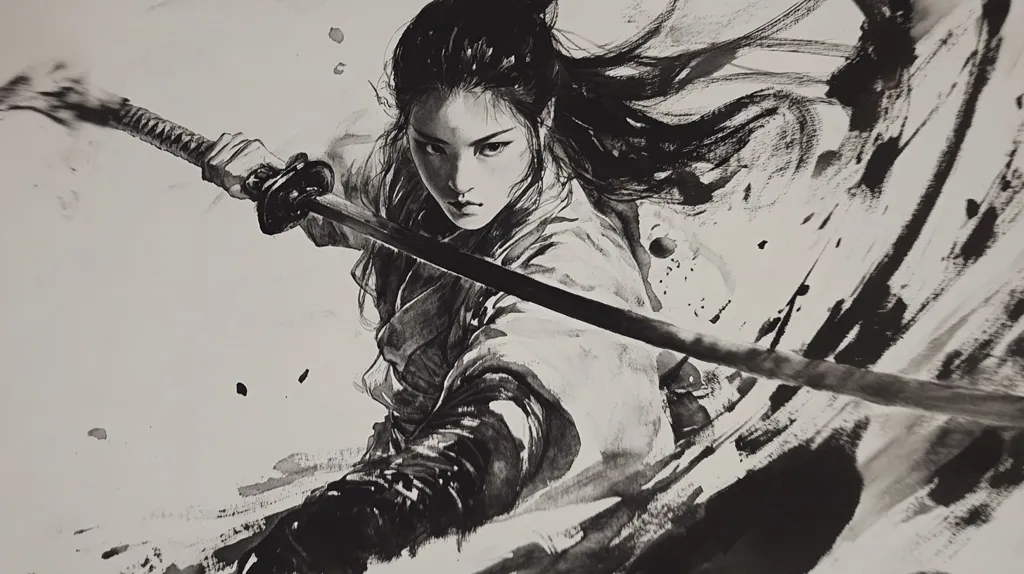 The image is a black and white drawing of a woman wielding a katana. Her face is focused and determined, with long, flowing hair and a  traditional Japanese warrior outfit. The background is abstract and dramatic, with brushstrokes suggesting movement and energy. The image evokes a sense of power, grace, and the intensity of combat.