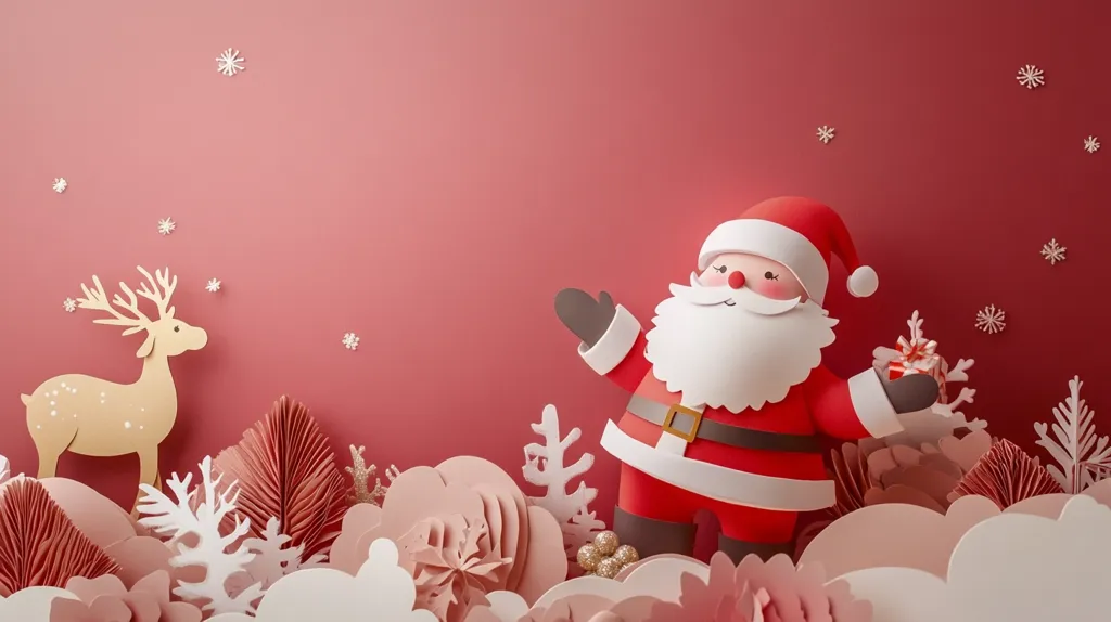 A paper cut-out Santa Claus waves from a snowy landscape. He is wearing a red suit, a white beard, and a red hat. He is holding a gift. A paper cut-out reindeer stands in the background. The image is set against a red background with snowflakes scattered throughout.  The paper cut-out style creates a festive and whimsical feel.