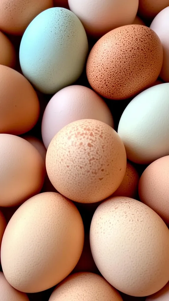 A close-up shot of a pile of eggs in various colors and textures, including brown, white, light blue, and cream. The eggs are arranged in a random pattern, with some overlapping others. They appear fresh and unblemished, with a smooth surface. The image focuses on the subtle variations in the eggs' color and texture, highlighting their natural beauty.