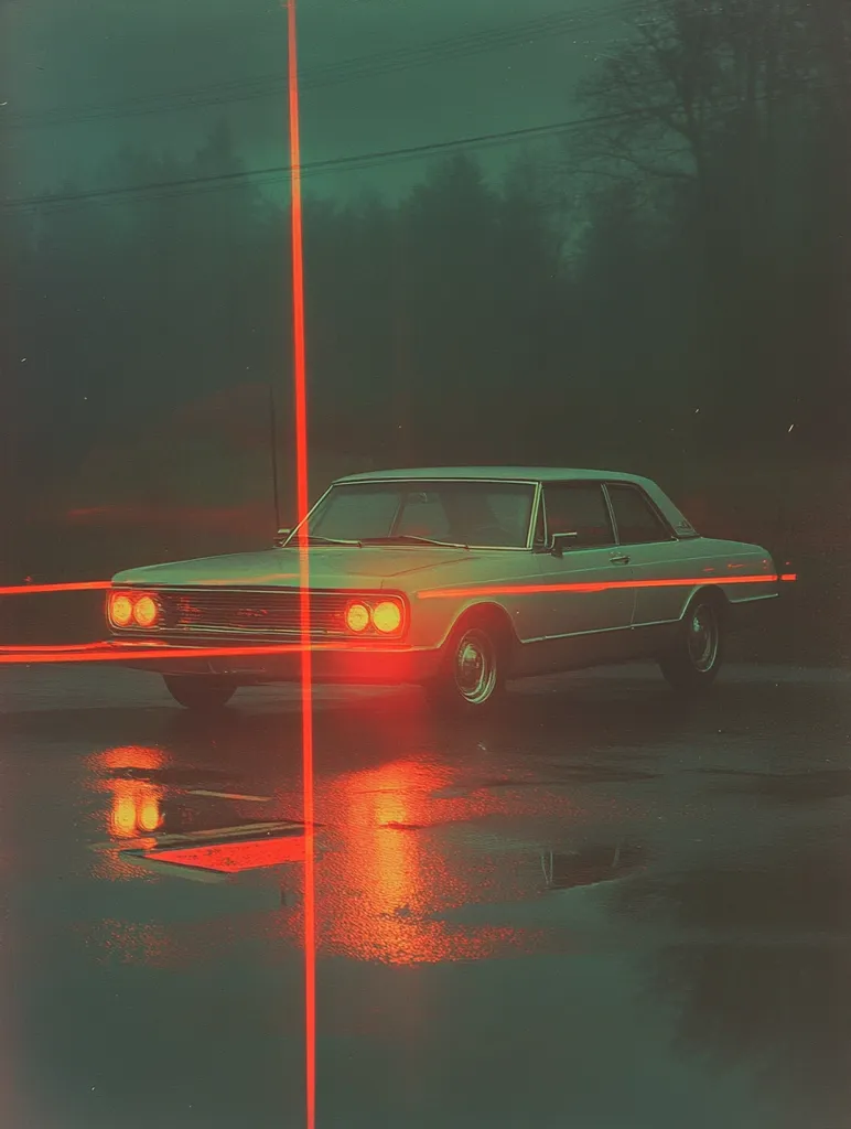 A vintage white car sits in the middle of the frame, its headlights reflecting on the wet asphalt road. The car is bathed in a warm, reddish glow, and the background is a muted green, creating a moody and atmospheric scene. The image is likely captured in the evening or at night, with the car's headlights casting a warm glow. The overall image is one of solitude and quiet contemplation.