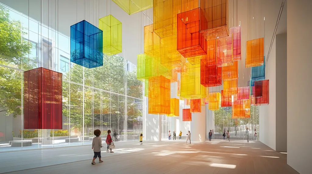 A modern, bright interior space with large windows overlooking a green cityscape. A colorful installation of suspended, translucent cubes in shades of red, yellow, orange, and blue hangs from the ceiling, creating a vibrant, playful atmosphere. A few people stand in the space, observing the artwork. The walls are white, and the floor is made of light wood.