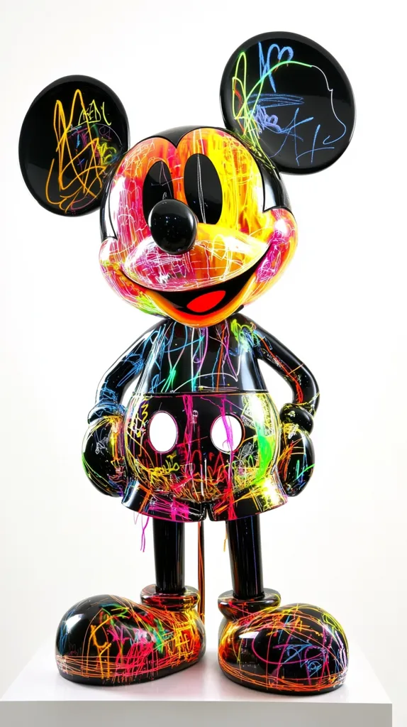 A large, black, glossy Mickey Mouse statue stands on a white pedestal. The statue is covered in neon-colored scribbles and lines. Mickey Mouse is wearing his signature red shorts and yellow shoes. His big, round ears are also covered in colorful scribbles. His face is detailed, with large black eyes and a big, friendly smile.  The statue appears to be a modern and abstract interpretation of the classic Disney character.