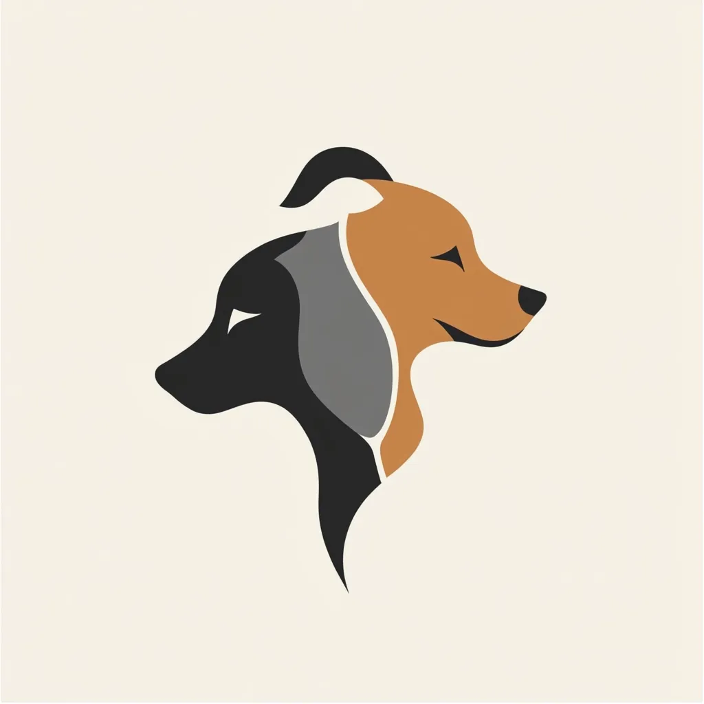 The image depicts a stylized silhouette of two dogs, their heads overlapping. One dog is black with a grey ear, while the other is orange. The dogs are facing the same direction, with their heads tilted slightly. The image is simple and modern, creating a visually appealing logo or illustration.