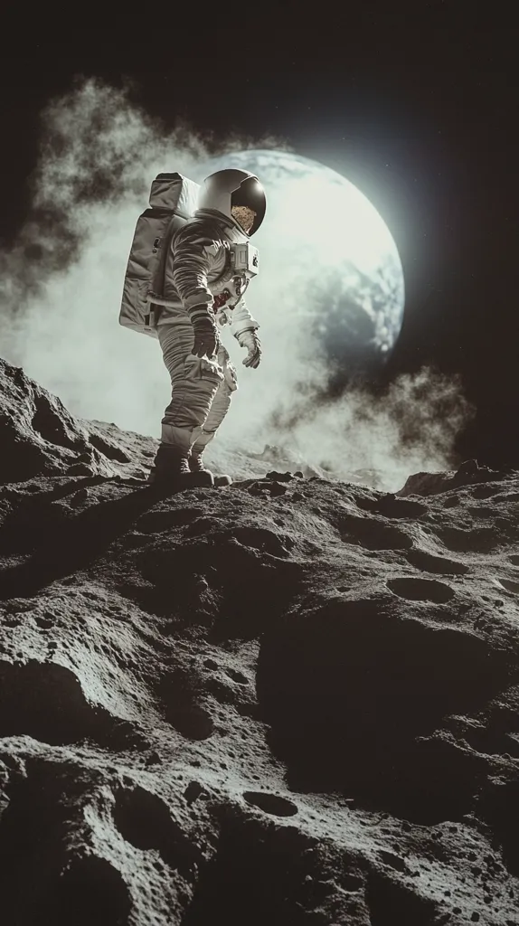 An astronaut stands on a barren, grey and rocky surface, gazing at a large, bright moon in the distance. The astronaut is clad in a white spacesuit, and clouds of smoke or dust billow around them. The scene is desolate and evocative, suggesting a sense of isolation and exploration. The astronaut's presence on this alien world is both awe-inspiring and poignant.