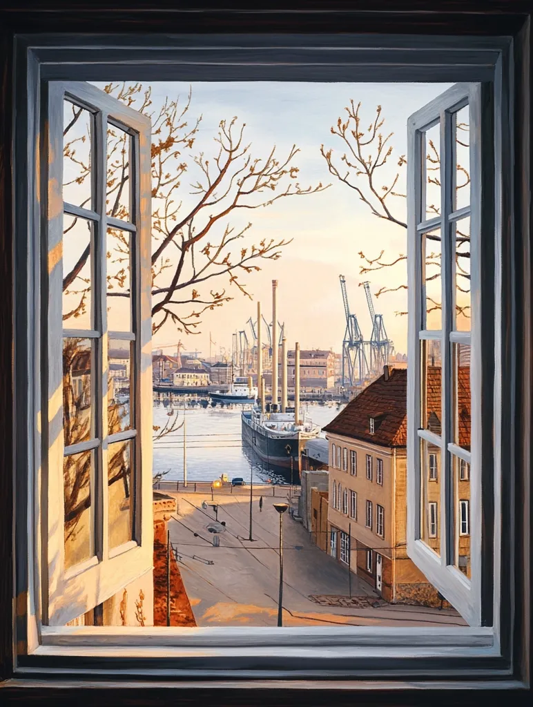 The painting shows a view from a window of a building overlooking a harbor scene.  The window is partially open, with a glimpse of the building's interior in the left pane.  The scene outside is of a large ship docked in the harbor, surrounded by industrial buildings and cranes.  The sun is setting, casting long shadows across the scene.  The painting captures a sense of tranquility and peace, with the harbor seemingly quiet and still.  The artist has used a realistic style to depict the scene.  The details of the buildings, the ship, and the trees are all carefully rendered.  The use of color is also noteworthy, with warm browns, yellows, and blues being used to create a sense of depth and atmosphere.