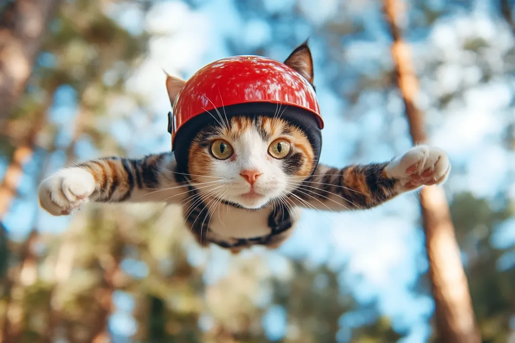 A calico cat wearing a red helmet is flying through the air with its arms outstretched. The cat's face is captured mid-flight, with a determined expression. It is looking directly at the camera, creating a sense of motion and a playful, almost superhero-like quality. The background is blurred, suggesting a sense of speed and action.  The image is shot from a low angle, emphasizing the cat's upward flight.  The overall effect is whimsical and humorous, capturing the cat's adventurous spirit.