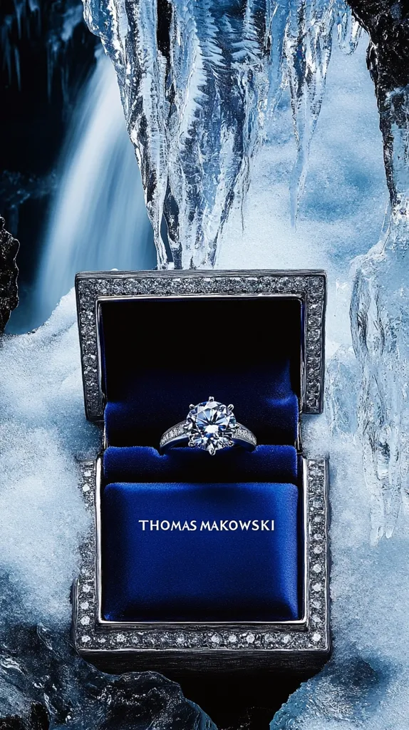 A diamond ring sits in a blue velvet box, adorned with a silver trim encrusted with tiny diamonds. The box rests on a bed of ice, with icicles hanging from the ceiling above. The words "Thomas Makowski" are engraved on the box's surface. The image evokes a sense of luxury and elegance, with a hint of coldness and winter.