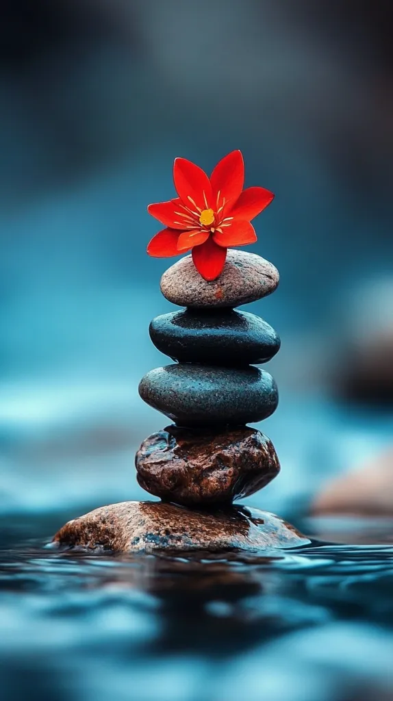 A single red flower sits atop a stack of five smooth, gray stones. The stones are balanced perfectly, and the flower is in full bloom. The background is a soft blur of blue, creating a peaceful and serene atmosphere. The scene suggests a sense of balance, tranquility, and connection with nature.