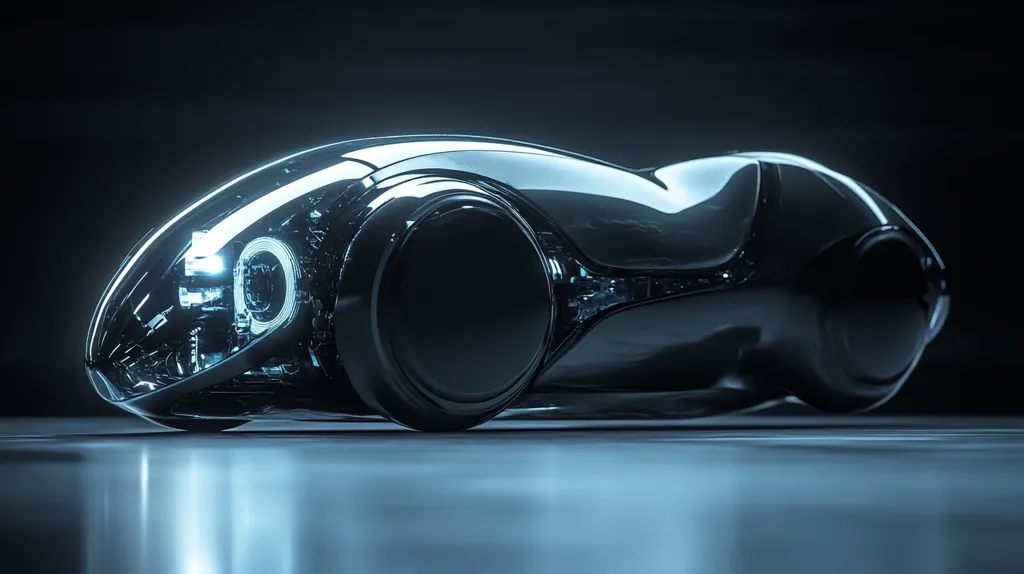 A sleek, futuristic car with a black, metallic body and large, round wheels. The car's headlights are illuminated, casting a bright glow. The car is positioned on a reflective surface, creating a sense of speed and movement.  The car's design is sleek and aerodynamic, hinting at its high-performance capabilities. It's a vision of a stylish and advanced vehicle.