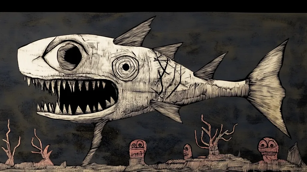 A large, monstrous fish with sharp teeth and a single, large eye is depicted in a black and white woodcut style. The fish's body is covered in lines that suggest scales, and it has a long, narrow tail. The fish is positioned in the foreground of the image, with its head facing towards the viewer, while its tail points towards the right side of the frame. The fish is depicted in a dark, mysterious setting, with a few coral-like structures in the background.