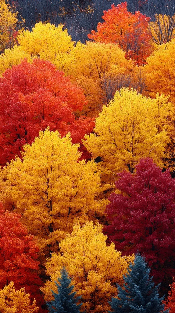 A vibrant tapestry of fall foliage, with a mix of bright reds, oranges, and yellows. The leaves are in various stages of transition, creating a beautiful and colorful scene. A few dark evergreen trees contrast with the bright autumn colors.