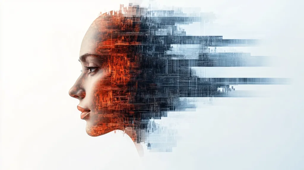 A digital art piece depicting a woman's face. The face is partially obscured by a series of abstract lines and squares in shades of blue and red, giving the image a futuristic and almost glitched aesthetic. The lines fade into the background, creating a sense of movement and energy. The image evokes themes of technology, artificial intelligence, and the merging of the physical and digital worlds.