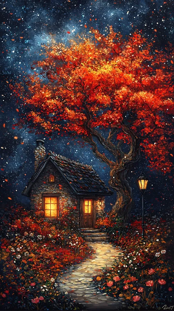 A quaint cottage nestled amidst a vibrant fall landscape. A large tree with bright red leaves stands tall above the stone house, its branches reaching towards a starry night sky. A winding path leads to the cottage door, surrounded by colorful flowers and foliage. The scene evokes a sense of peace and tranquility, a cozy retreat from the world.