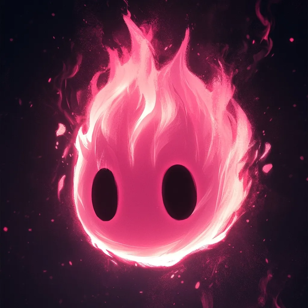 A pink, glowing creature with a flame-like head and two black eyes floats against a dark, starry background. It appears to be a fantastical being, perhaps a spirit or a creature from a magical realm. The vibrant colors and intricate details create an ethereal and mesmerizing atmosphere.