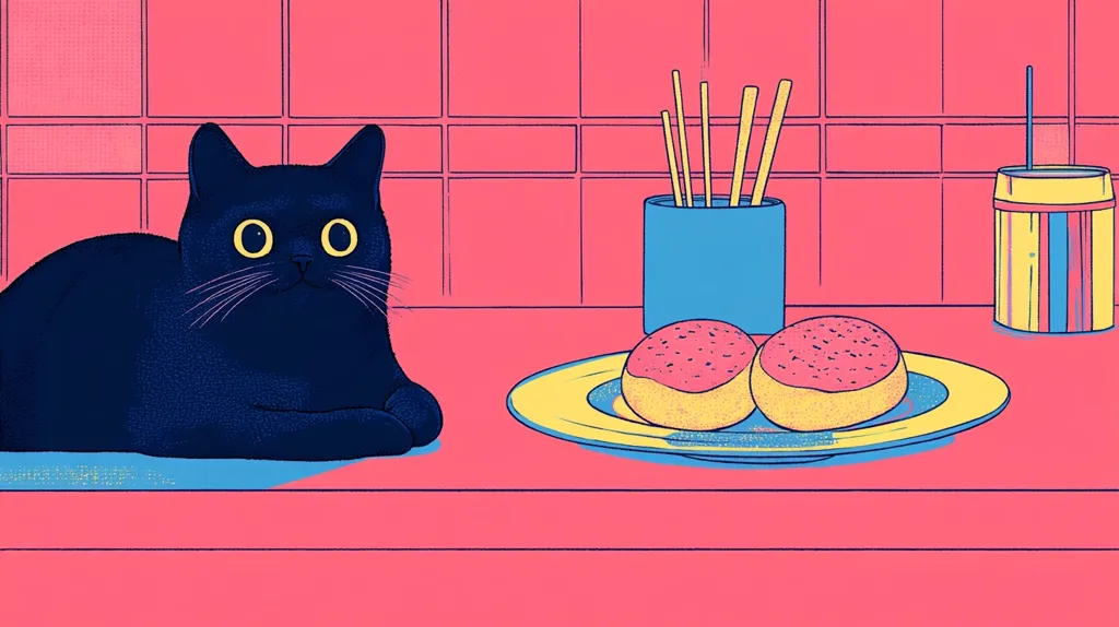 A black cat with large, round eyes sits on a pink counter with its head turned toward the viewer. On the counter behind the cat is a yellow and blue can with a straw, a blue cup with sticks inside, and a yellow plate with two pink doughnuts with sprinkles. The background is a pink tiled wall.  The image is drawn in a minimalist cartoon style.  The background is pink, the cat is black, the donuts are pink and the plate is yellow.  The can is yellow and blue, the cup is blue, and the sticks are brown.  There is a line of white sprinkles on each donut.