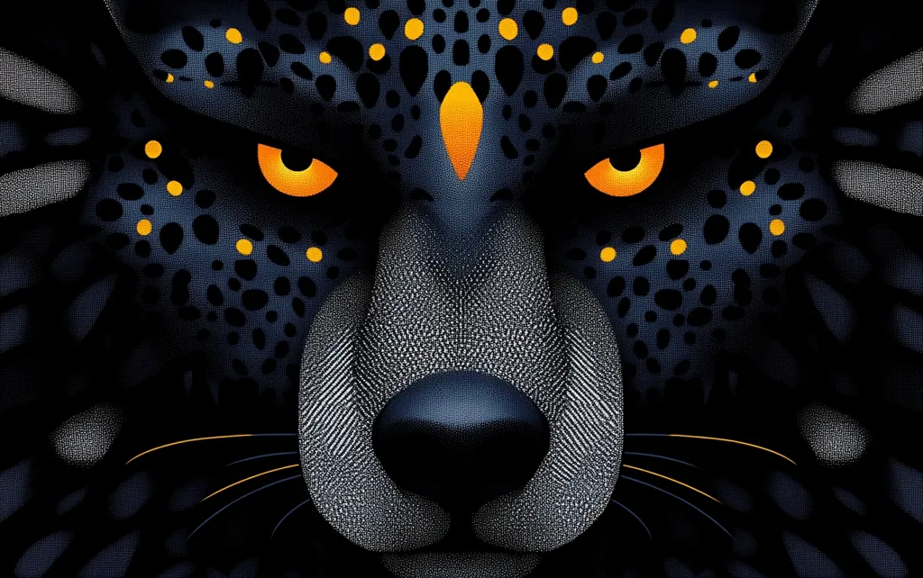The image is a close-up of a black panther's face, rendered in a stippled style. The panther's eyes glow a vibrant orange against the black fur, and its nose is a dark, rounded shape. The fur pattern is emphasized with small, yellow dots, creating a textured, almost pixelated look. The image creates an intense and captivating portrait of the majestic creature.