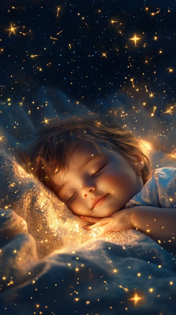 A young child sleeps soundly, their face bathed in soft light. The image is dreamy and ethereal, with a background of twinkling stars. The child's peaceful expression and the shimmering lights create a sense of tranquility and magic.  A gentle breeze seems to stir the bed sheets, adding to the dreamlike quality of the scene.
