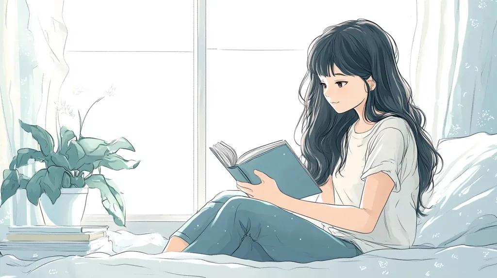 A young woman with long black hair sits on a bed by a window, reading a blue book. She is wearing a white T-shirt and blue jeans. The room is bright and airy with a plant on the window sill. The image is drawn in a soft, pastel style.