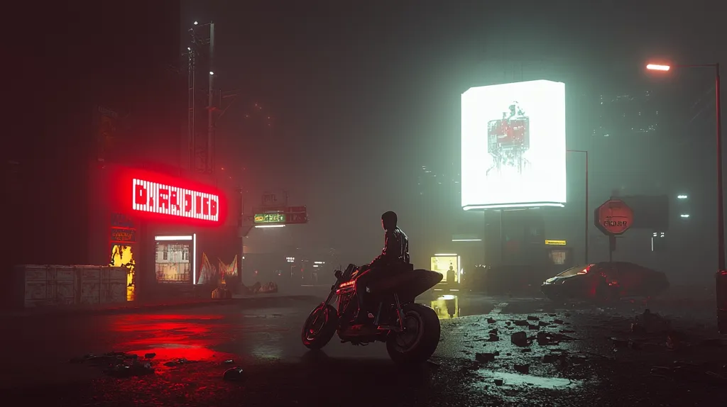 A lone motorcyclist sits on their bike in a deserted city street. Fog hangs heavy in the air, illuminated only by the neon lights of a nearby store and a bright billboard. The street is empty except for a parked car and a few scattered pieces of debris. The scene is evocative of a dystopian future.