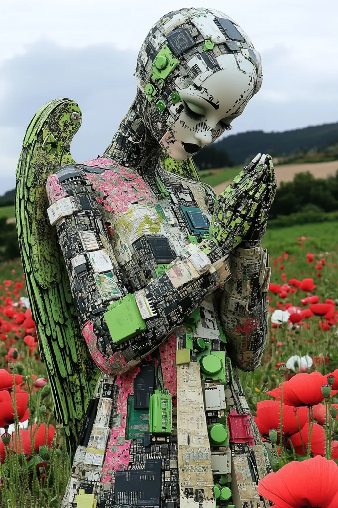 An angel sculpture constructed entirely out of computer circuit boards, stands in a field of red poppies. The angel is depicted in a praying position, with its hands clasped together. The sculpture is a striking example of how technology can be used to create art. The artist has used the circuit boards in a creative way to create a realistic and beautiful angel. The sculpture stands out against the vibrant red of the poppies, creating a strong visual contrast. The sculpture is a reminder that even in a technological world, beauty and spirituality can still be found.