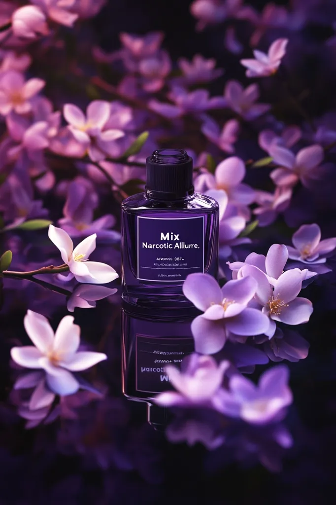 A bottle of perfume labeled "Mix Narcotic Allure." The bottle is a deep purple and sits on a surface that reflects the surrounding flowers. The flowers are white and purple, and they are blurred in the background. The image is soft and romantic. The perfume bottle is the focal point of the image.  The image is reminiscent of a floral fragrance.