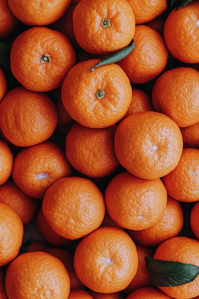 The image features a close-up shot of a bowl overflowing with bright orange mandarins. The oranges are tightly packed together, creating a textured surface. The vibrant color and glossy skin of the fruit create a visually appealing and appetizing scene.  A few green leaves are tucked between the oranges, adding a touch of freshness to the composition.  The picture evokes a sense of abundance and sweetness.
