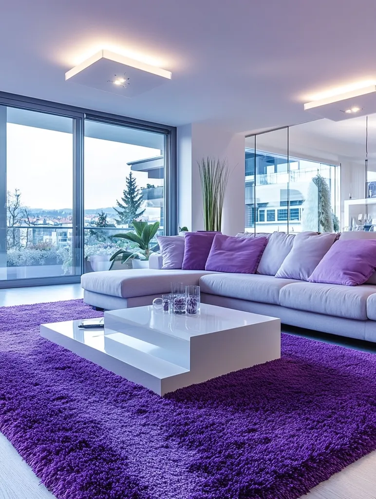 A modern living room with large windows overlooking a city, featuring a white sectional sofa with purple pillows, a white coffee table, and a plush purple rug. The room is brightly lit with recessed lighting. The minimalist decor creates a sophisticated and inviting atmosphere.