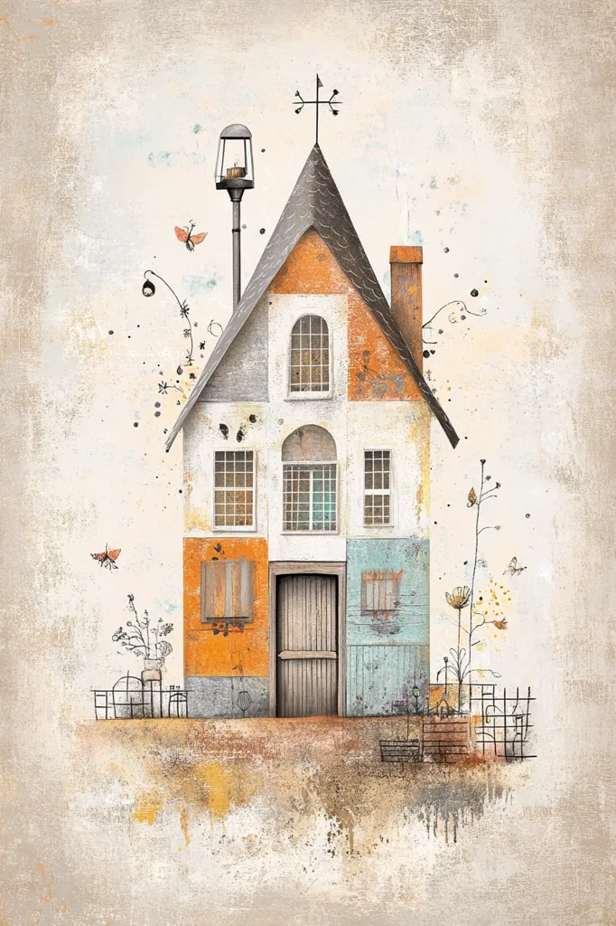 The image depicts a quaint, two-story house with a weathered facade and a whimsical charm. The house features a mix of orange, grey, and blue tones, creating a warm and inviting atmosphere. There are numerous windows, suggesting a cozy interior. A weathervane sits atop the roof, adding to the house's endearing character. The house is surrounded by a small fence and a few simple plants, creating a sense of peace and tranquility. The artwork is rendered in a soft, muted palette, evoking a nostalgic and dreamlike quality.