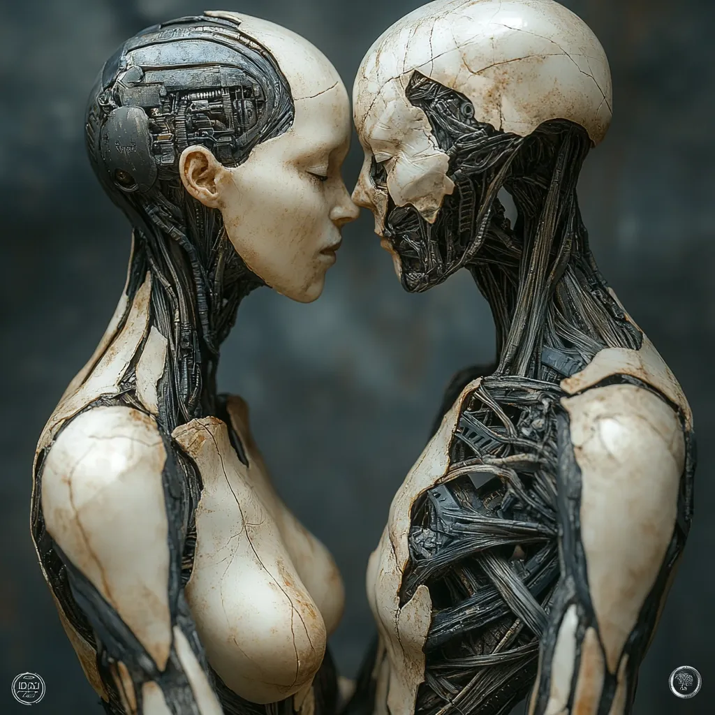 The image portrays two humanoid figures, seemingly androids, with exposed mechanical structures, standing close together. Their faces are close, almost touching, suggesting a moment of intimacy. The one on the left has a smooth, white exterior, while the one on the right is more skeletal, with intricate wiring visible beneath the skin. The contrast between their appearances creates a powerful visual. The image is likely a commentary on the nature of artificial intelligence, or perhaps on the concept of love and connection in a technological age.